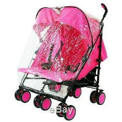 Double Pink Twin Stroller Pram Pushchair Buggy Complete Rain Cover Footmuff