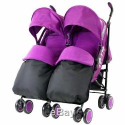 Double Purple Twin Stroller Pram Pushchair Buggy Complete Rain Cover Footmuff