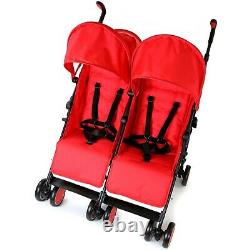 Double Red Twin Stroller Pram Pushchair Buggy Inc Raincover & Footmuffs