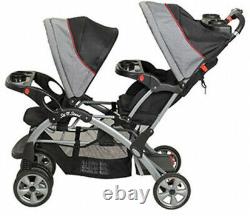 Double Stroller Gray Travel System Baby Twin Car Seat Carrier With Cup Holders