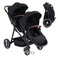 Double Stroller Infant Toddler Foldable Pushchair Adjustable with Storage Canopy