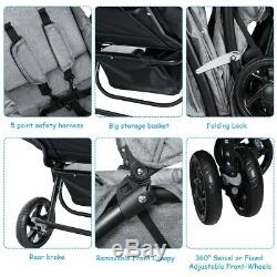 Double Stroller Twin Baby Pushchair Infant Foldable Strollers Lightweight Gray