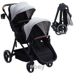 Double Stroller withAdjustable Backrest & Large Storage Basket & Canopy Light Gray