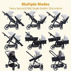 Double Stroller withAdjustable Backrest & Large Storage Basket & Canopy Light Gray