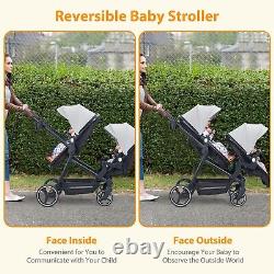 Double Stroller withAdjustable Backrest & Large Storage Basket & Canopy Light Gray