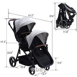 Double Stroller withAdjustable Backrest & Large Storage Basket & Canopy Light Gray