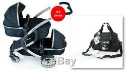 Double Twin Carrycot Tandem Compact Pram Baby Black Changing Bag Stroller