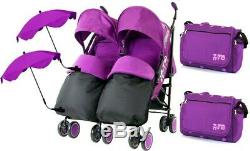 Double Twin Purple Pushchair Buggy inc Footmuffs Bag 2 Parasol & Raincover