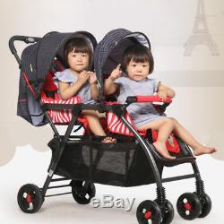 Foldable Double Stroller 2 Seat Prams Twin Buggy Baby Pushchair Front & Backseat