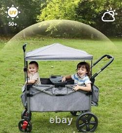 Foldable Wagons for Two Kids & Cargo, Collapsible Folding Stroller with Gray