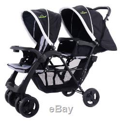 Folding Black Twin Baby Kids Infant Double Stroller Jogger Basket Collapsable