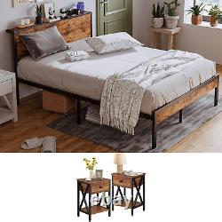 Full Size Bed Frame Industrial Headboard Brown Bedroom Set Furniture Nightstands