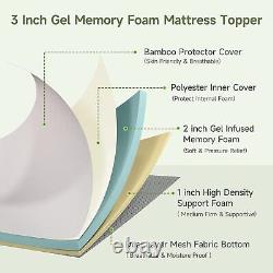 Gel Infused Memory Foam Mattress Topper 3 Inch Dual Layers Pad with Bamboo Cover