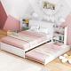 Giantex Full Bed Frame With Twin Trundle, Wooden Bed Frame With 2 Rolling Bookca