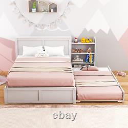Giantex Full Bed Frame with Twin Trundle, Wooden Bed Frame with 2 Rolling Bookca