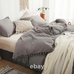 Gray Pom-Pom Linen Bedding Set Queen Comforter Twin Full Queen King Duvet Set