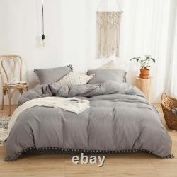 Gray Pom-Pom Linen Bedding Set Queen Comforter Twin Full Queen King Duvet Set