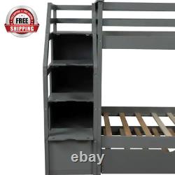 Gray Twin over Twin Wood Bunk Bed with Twin Size Trundle and Storage Stairs
