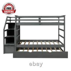 Gray Twin over Twin Wood Bunk Bed with Twin Size Trundle and Storage Stairs