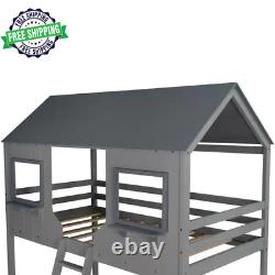 Gray Twin over Twin Wood House Bunk Bed with Roof and Window