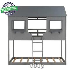 Gray Twin over Twin Wood House Bunk Bed with Roof and Window