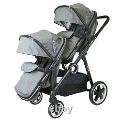 Grey Lightweight Twin Tandem Pram Stroller Inc Carrycots Footmuff & Raincover