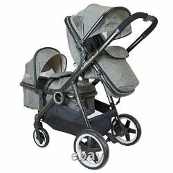 Grey Lightweight Twin Tandem Pram Stroller Inc Carrycots Footmuff & Raincover