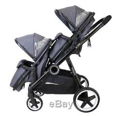 Grey Lightweight Twin Tandem Pram Stroller inc Carrycots Footmuff & Raincover