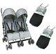 Grey Zeta Double Twin Stroller Buggy Pushchair Pram Inc Footmuff & Raincover