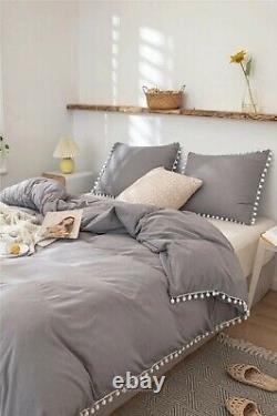 Grey with white Pom Pom Cotton Duvet Cover Duvet Cover With Buttons Bedding