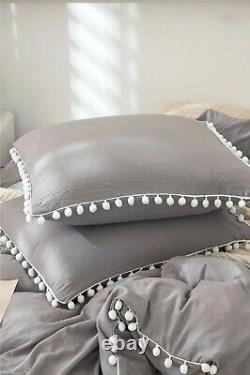 Grey with white Pom Pom Cotton Duvet Cover Duvet Cover With Buttons Bedding