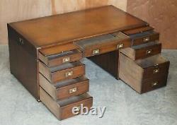 Harrods Kennedy Double Sided Brown Leather Military Campaign Twin Pedestal Desk