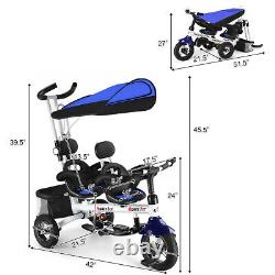 HoneyJoy 4-In-1 Baby Twins Double Easy Steer Stroller Tricycle Detachable Blue