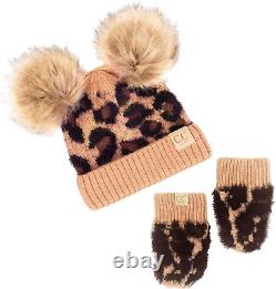 Knit Infant Double Pom Pom Beanie and Matching Fleece Lined Soft Mittens Set for