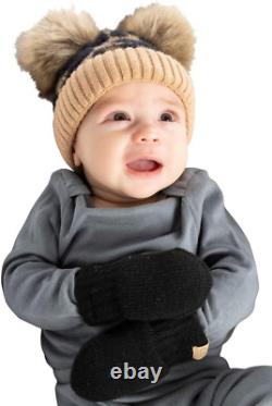 Knit Infant Double Pom Pom Beanie and Matching Fleece Lined Soft Mittens Set for
