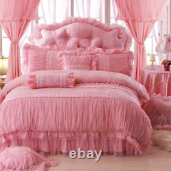 Lace Flowers Princess Bedding Set Luxury Beige Jacquard Satin Ruffles Bed Skirt