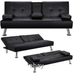 LuxuryGoods Modern Faux Leather Futon with Cupholders and Pillows, Black