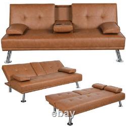 LuxuryGoods Modern Faux Leather Futon with Cupholders and Pillows, Brown