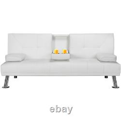 Luxurygoods Modern Faux Leather Futon with Cupholders and Pillows, White new