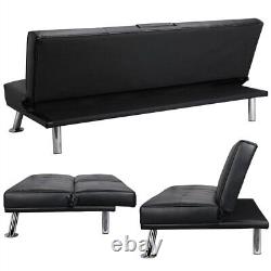 Modern Faux Leather Futon Sofa Bed Fold Up & Down Recliner Couch With Cup Holder