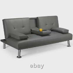 Modern Faux Leather Futon Sofa Bed Fold Up & Down Recliner Couch with Cup Holder