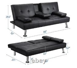 Modern Faux Leather Futon Sofa Bed Fold Up & Down Recliner Couch with Cup Holder
