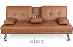 Modern Faux Leather Reclining Futon (with Cupholders and Pillows)