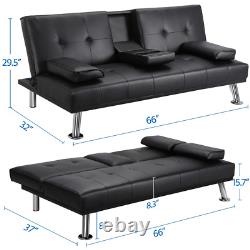 Modern PU Leather Sofa Bed Futon Durable With Cup Holders Pillows New