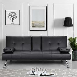 Modern PU Leather Sofa Bed Futon Durable With Cup Holders Pillows New