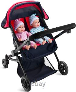 My First Baby Doll Twin Stroller Foldable Double Doll Pram in Red and Navy Blu