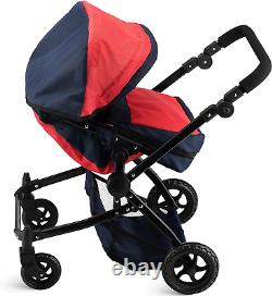 My First Baby Doll Twin Stroller Foldable Double Doll Pram in Red and Navy Blu