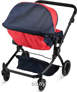 My First Baby Doll Twin Stroller Foldable Double Doll Pram in Red and Navy Blu