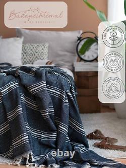 Navy Cotton Throw Blanket Single Double Coverlet Bedspread Organic Comfortable