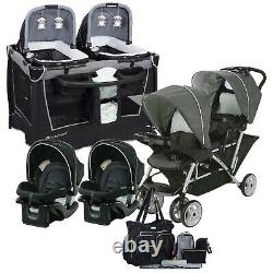 Newborn Twins Baby Double Stroller with 2 Car Seats Infant Playard Bag Combo Set